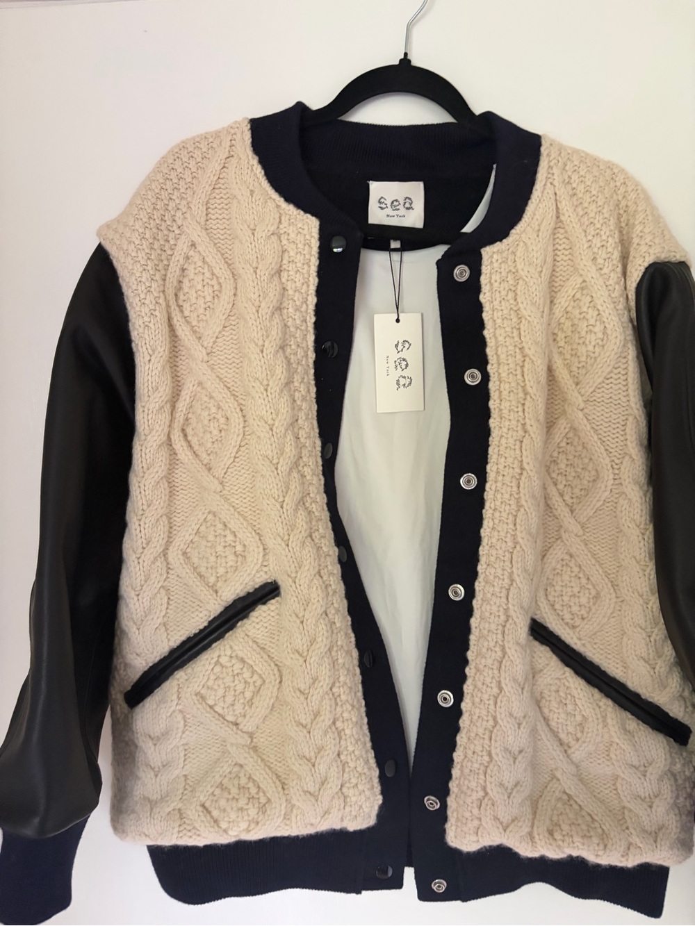 Sea New York Cream Cable-Knit Bomber with Black Trim